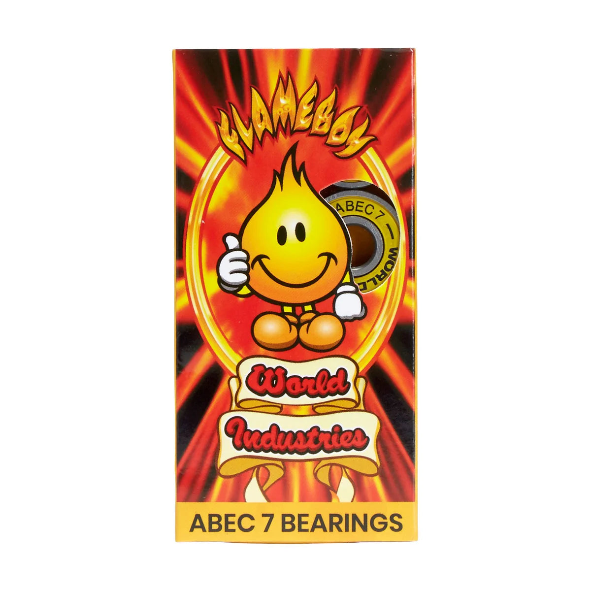 Packaging of Abec 7 Bearings with a cartoon character on a fiery background