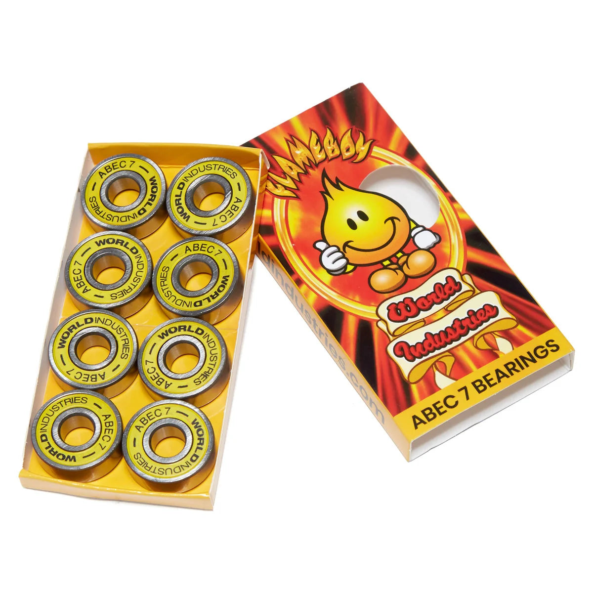 Box of World Industries ABEC 7 bearings with a smiling flame logo on a white background