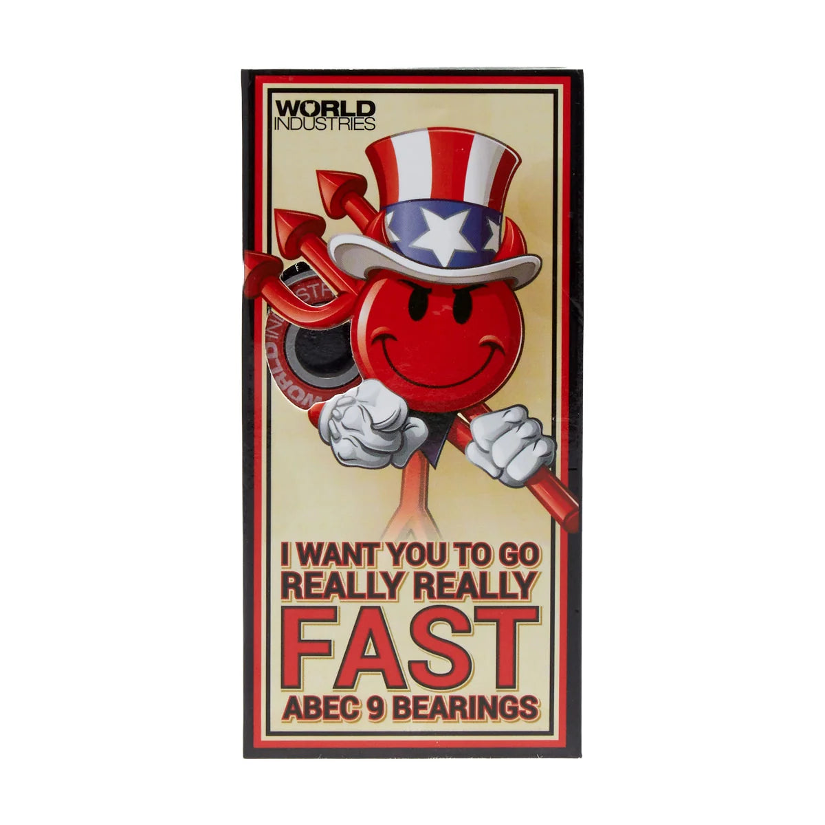 Vintage-style advertisement with a red character wearing a top hat, text 'I want you to go really really fast' and 'Abec 9 Bearings'.