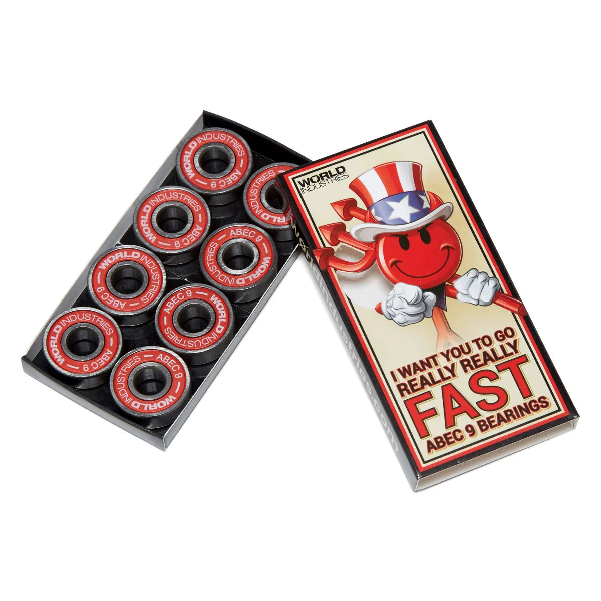 Open World Wheels box showing nine black and red abec9 skateboard bearings, with the branded retail box beside it on a white background.