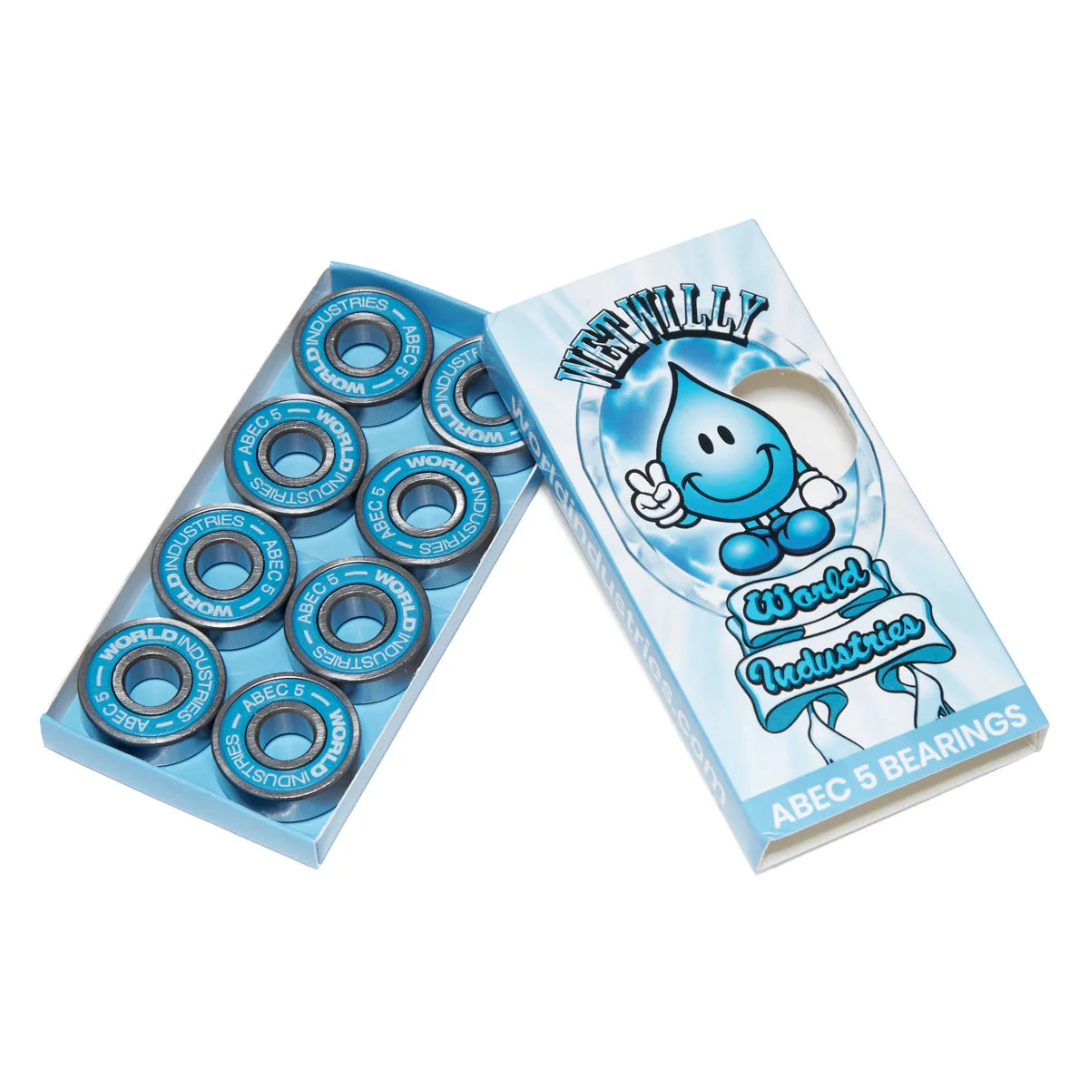 Box of World Industries ABEC 5 bearings with blue and black bearings on a white background