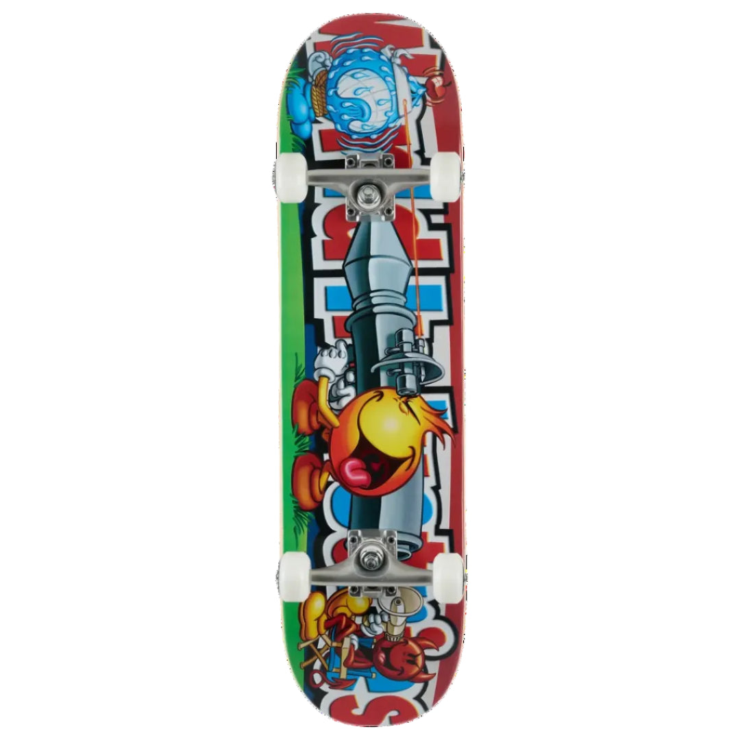 A full-length skateboard shown from above on a plain white background. The deck features a highly detailed, colorful graphic illustration with a red border, a green side edge, and a central cartoon character in yellow, blue, and gray.