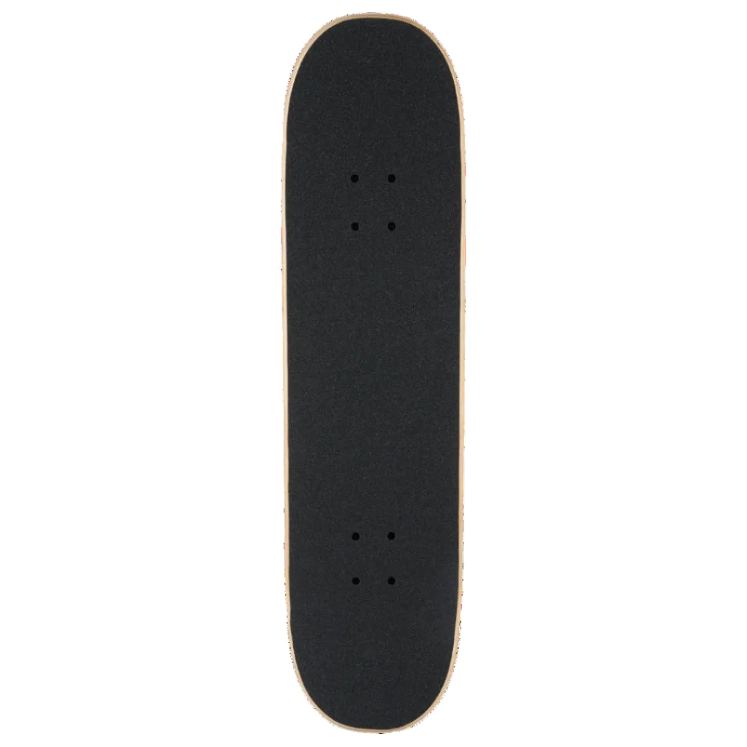 A skateboard deck viewed from directly above, featuring a black grip tape surface with a light natural wood edge visible around the perimeter, isolated on a white background.
