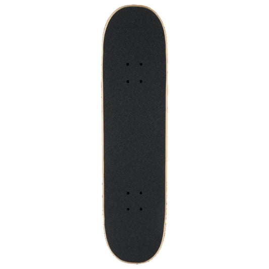 A skateboard deck viewed from directly above, featuring a black grip tape surface with a light natural wood edge visible around the perimeter, isolated on a white background.