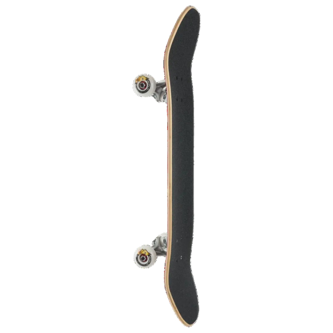 A skateboard shown vertically from the side against a solid white background, featuring a black grip tape deck, natural wood edge, silver trucks, and yellow-and-black wheels.