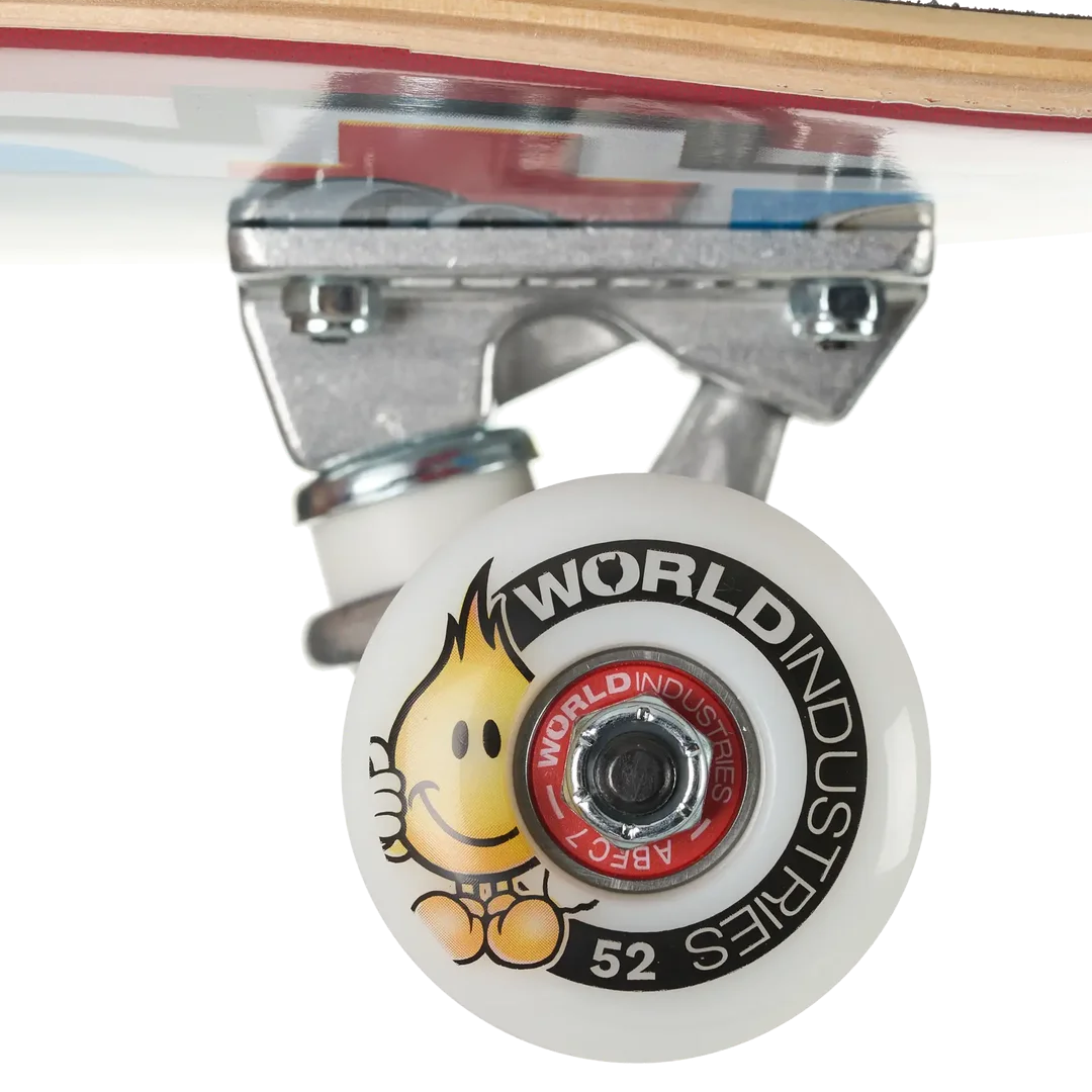 Close-up of a skateboard wheel and truck assembly on a white background. The wheel is white with a red and black World Industries logo, mounted on a silver metal truck.