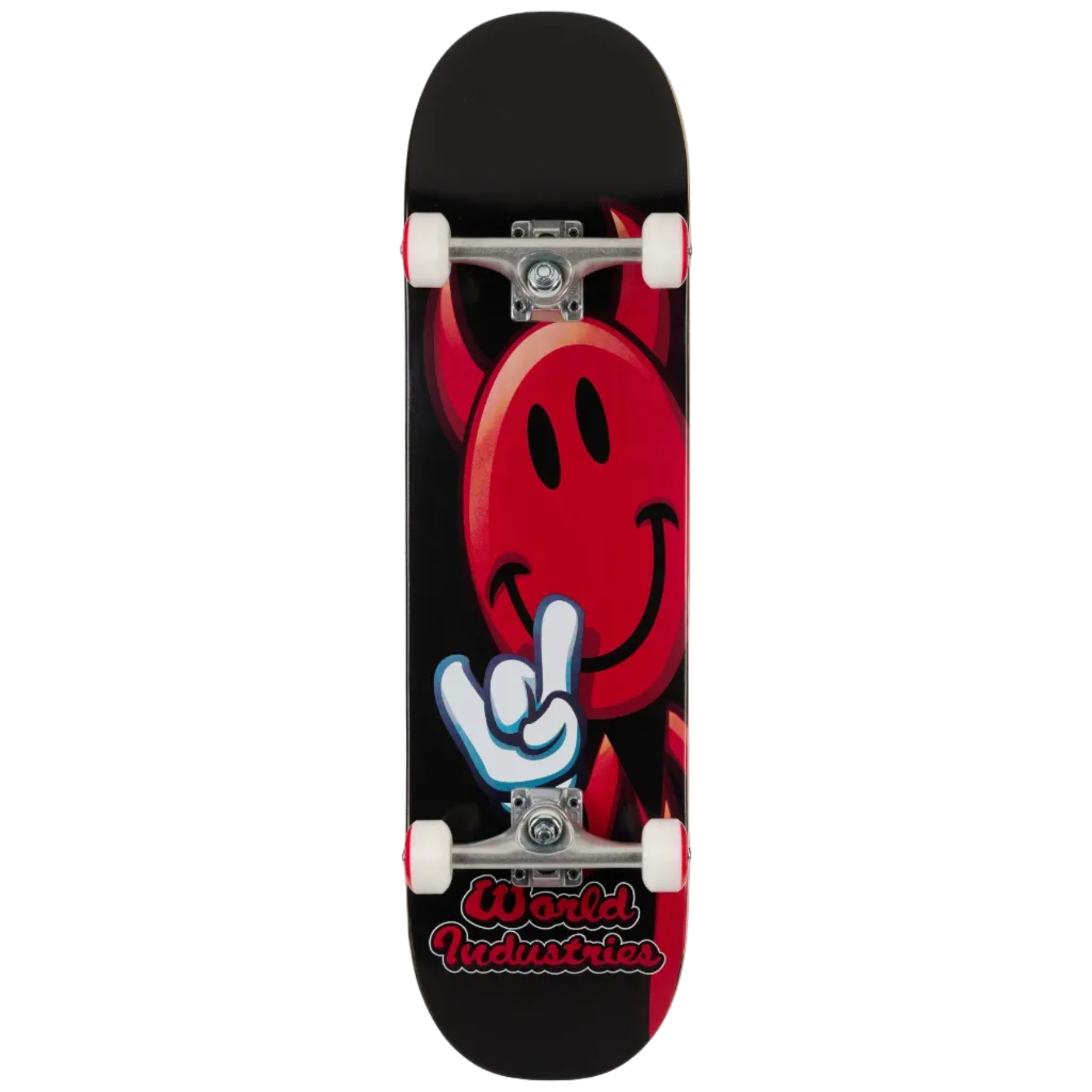 Skateboard with red devil face and 'World Industries' logo on a black background