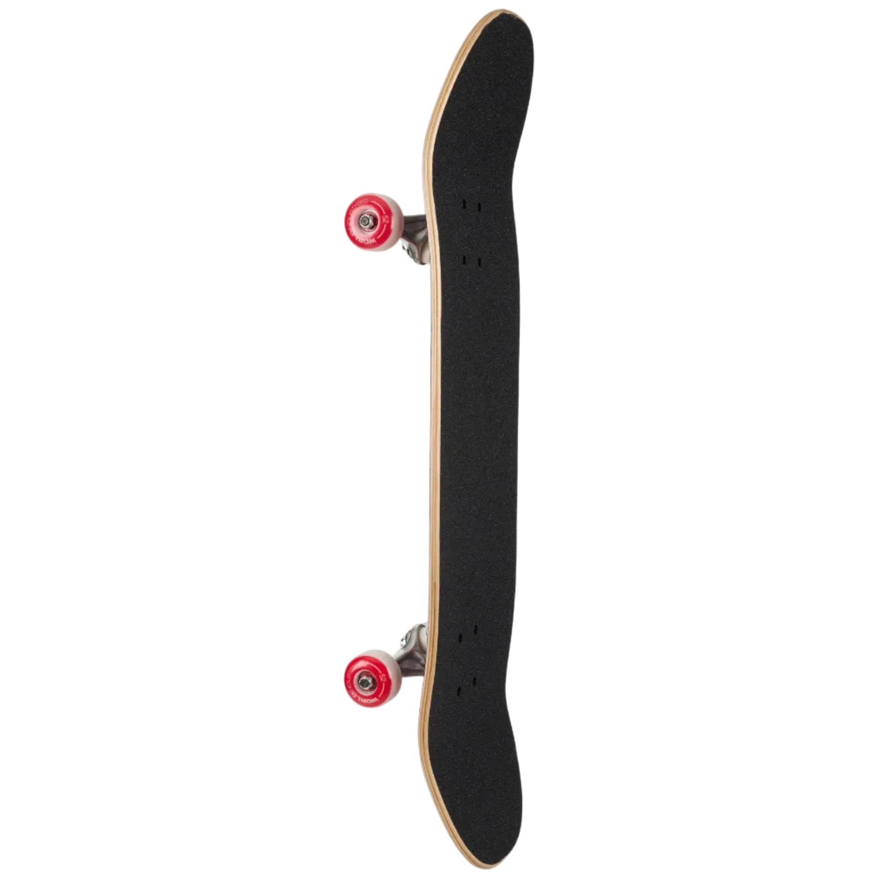 Skateboard with black deck and red trucks on a white background