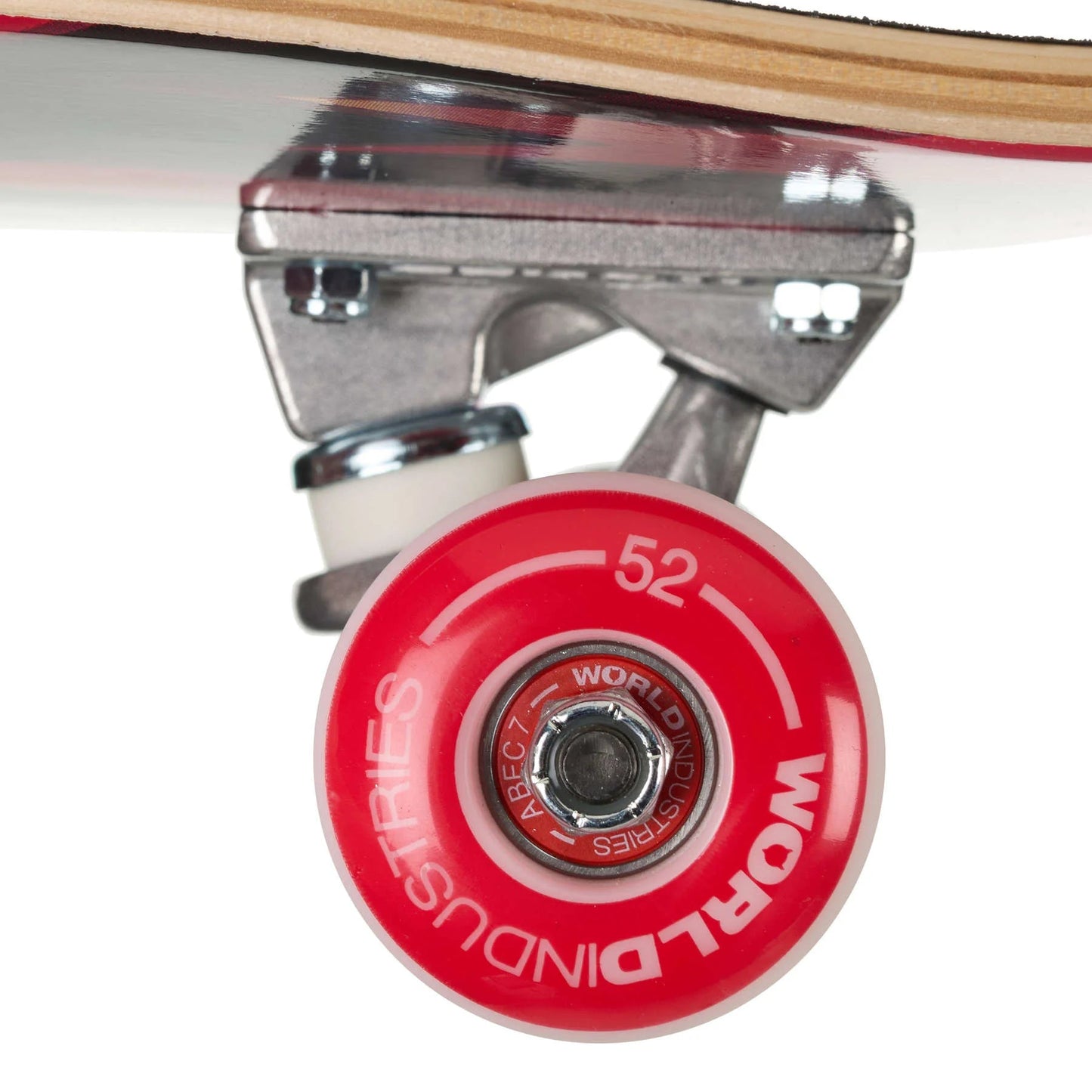 Close-up of a skateboard wheel with red bearings and metal axles on a white background