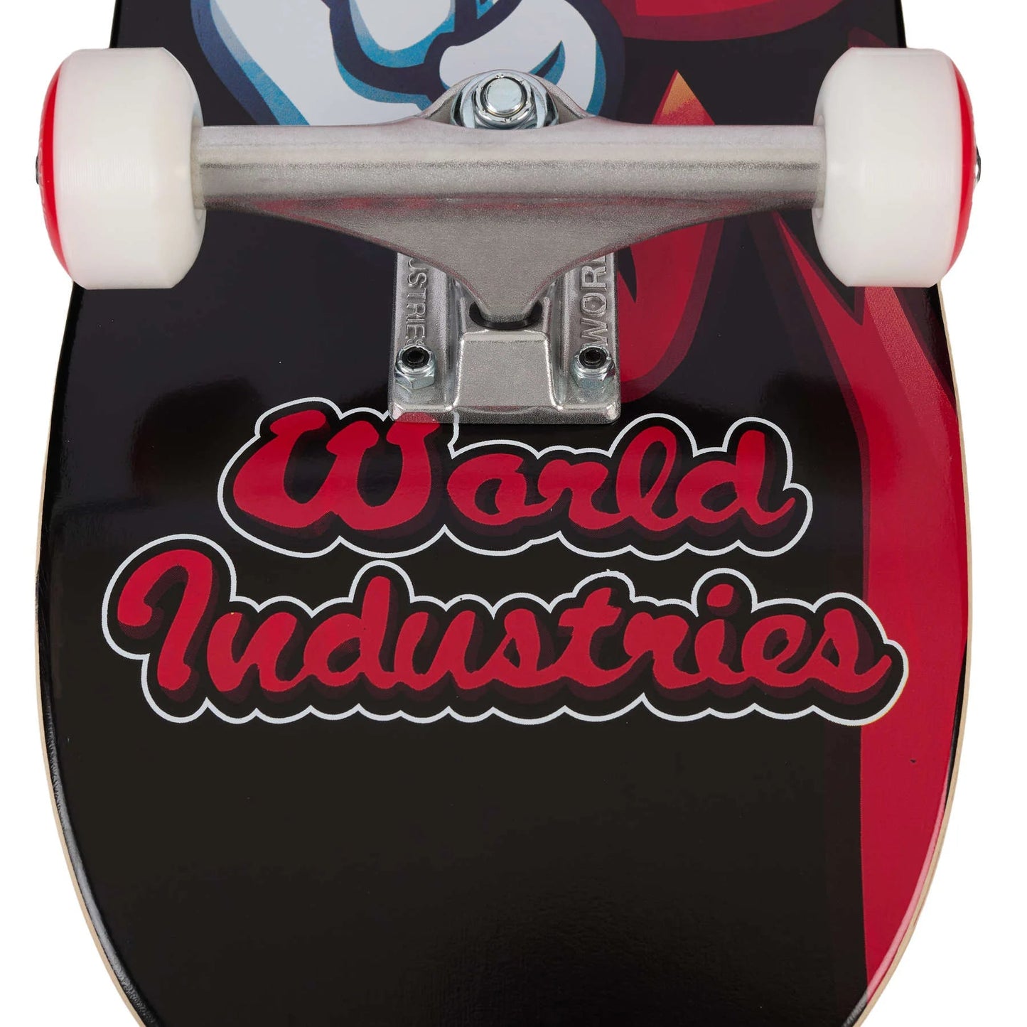 Skateboard deck with 'World Industries' logo on a black and red background