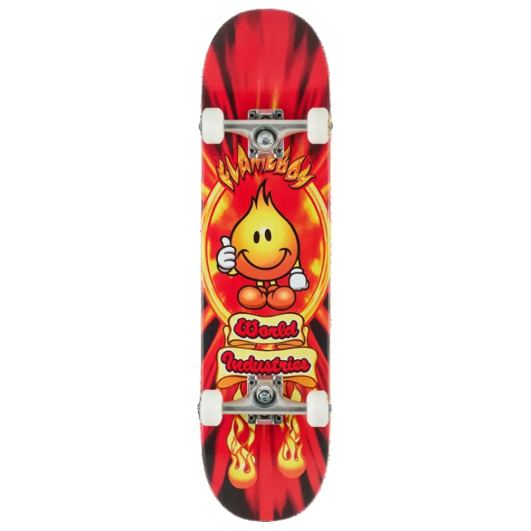 A World Industries skateboard deck featuring a vibrant red and black flameburst background with a central yellow flame smiley face logo and white wheels.