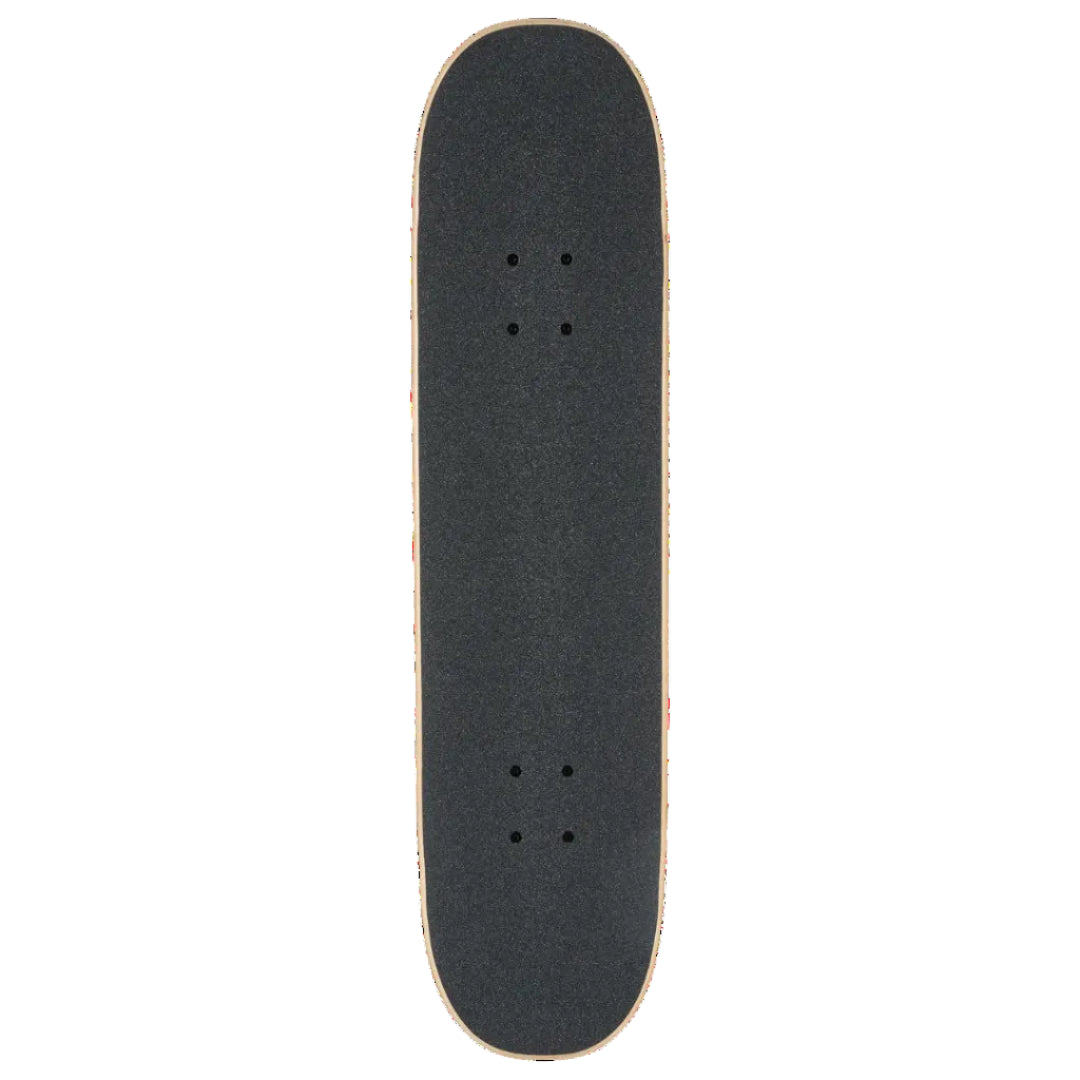A skateboard deck viewed from directly above, featuring a dark gray grip tape surface with pre-drilled truck mounting holes and a light natural wood edge, isolated on a white background.