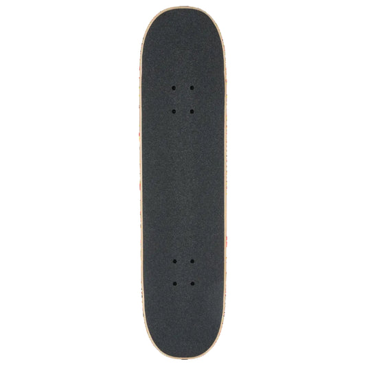 A skateboard deck viewed from directly above, featuring a dark gray grip tape surface with pre-drilled truck mounting holes and a light natural wood edge, isolated on a white background.