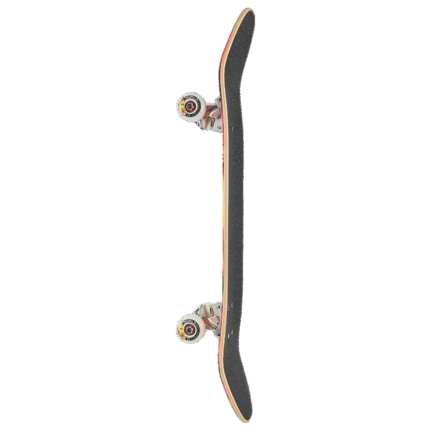 A skateboard shown vertically against a solid white background, featuring black grip tape on the deck, a natural wood edge, and white wheels with colorful graphics.