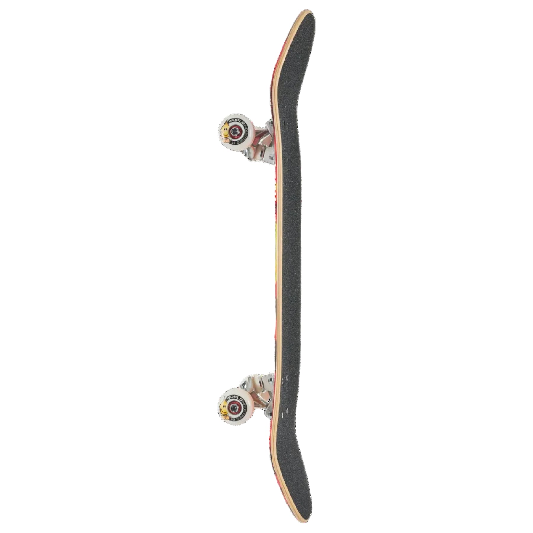 A skateboard shown vertically against a solid white background, featuring black grip tape on the deck, a natural wood edge, and white wheels with colorful graphics.