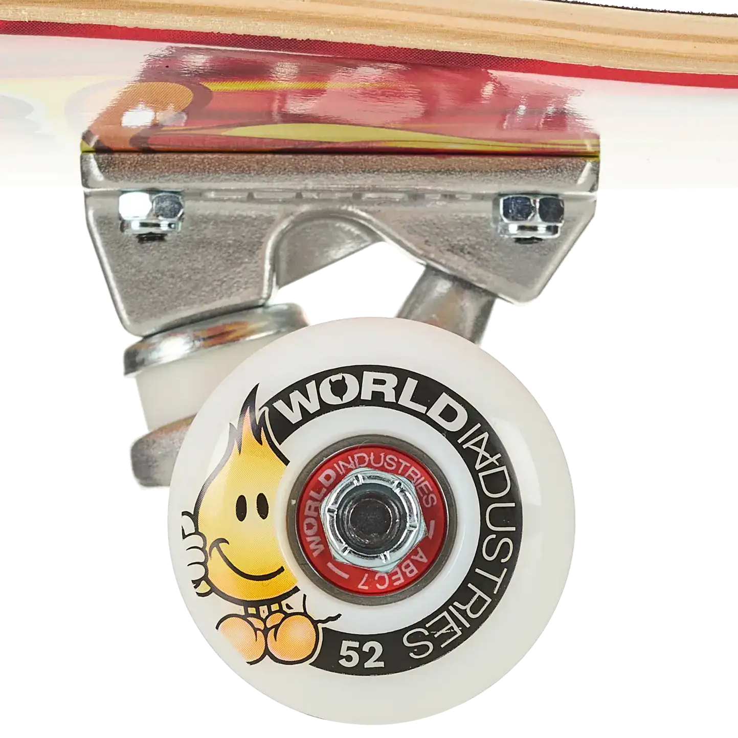 Close-up of a skateboard wheel and truck assembly on a white background. The wheel is white with black text reading 'WORLD INDUSTRIES' and '52', plus a yellow cartoon character graphic.