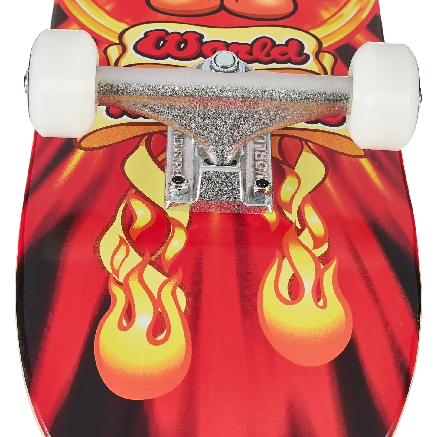 Close-up of the front deck of a skateboard with a red and yellow flame graphic, white wheels, and a silver truck on a white background.