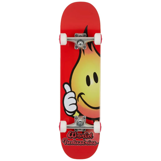 Skateboard with a smiley face design and 'World Industries' branding on a white background