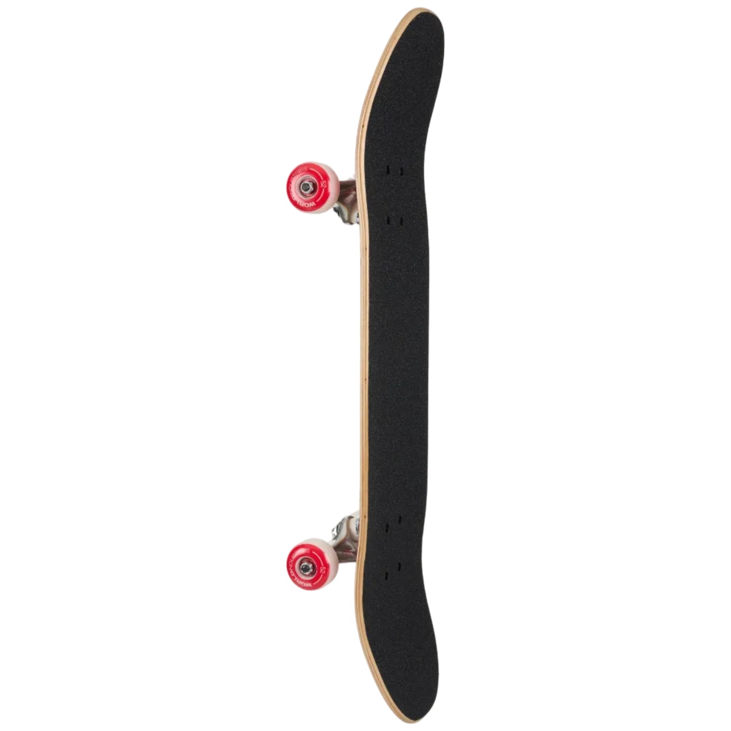 Skateboard with black deck and red wheels on a white background