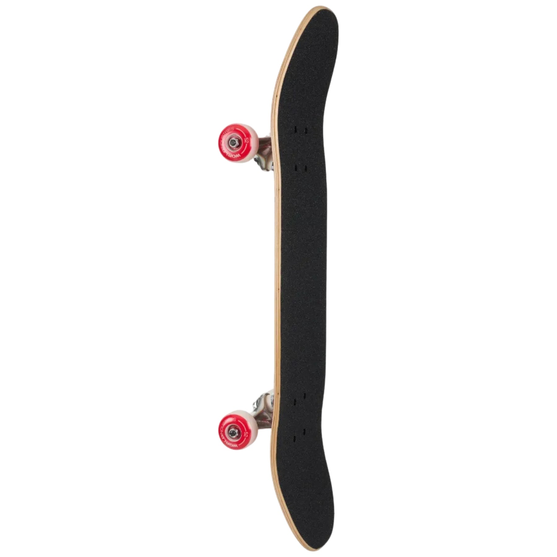 Skateboard with black deck and red wheels on a white background