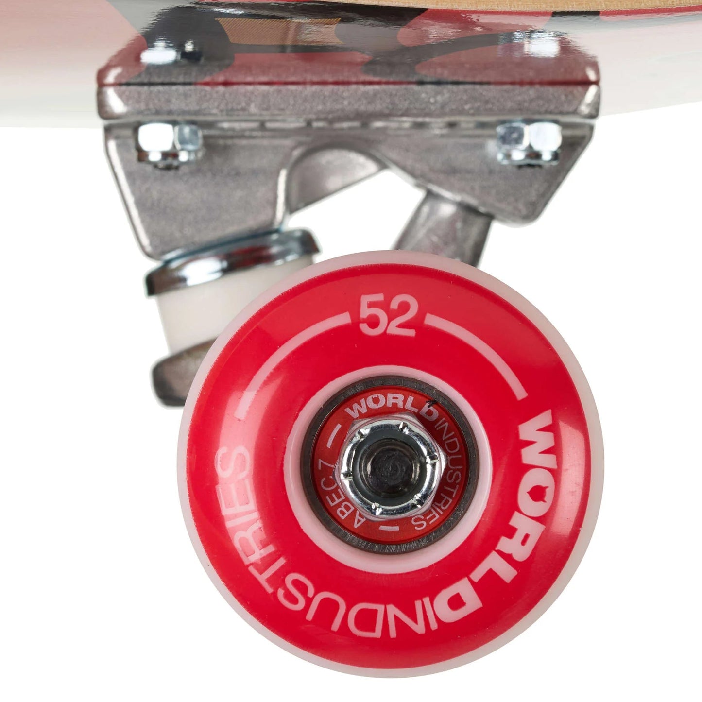 Close-up of a skateboard wheel with red rim and 'World's Best' branding on a white background