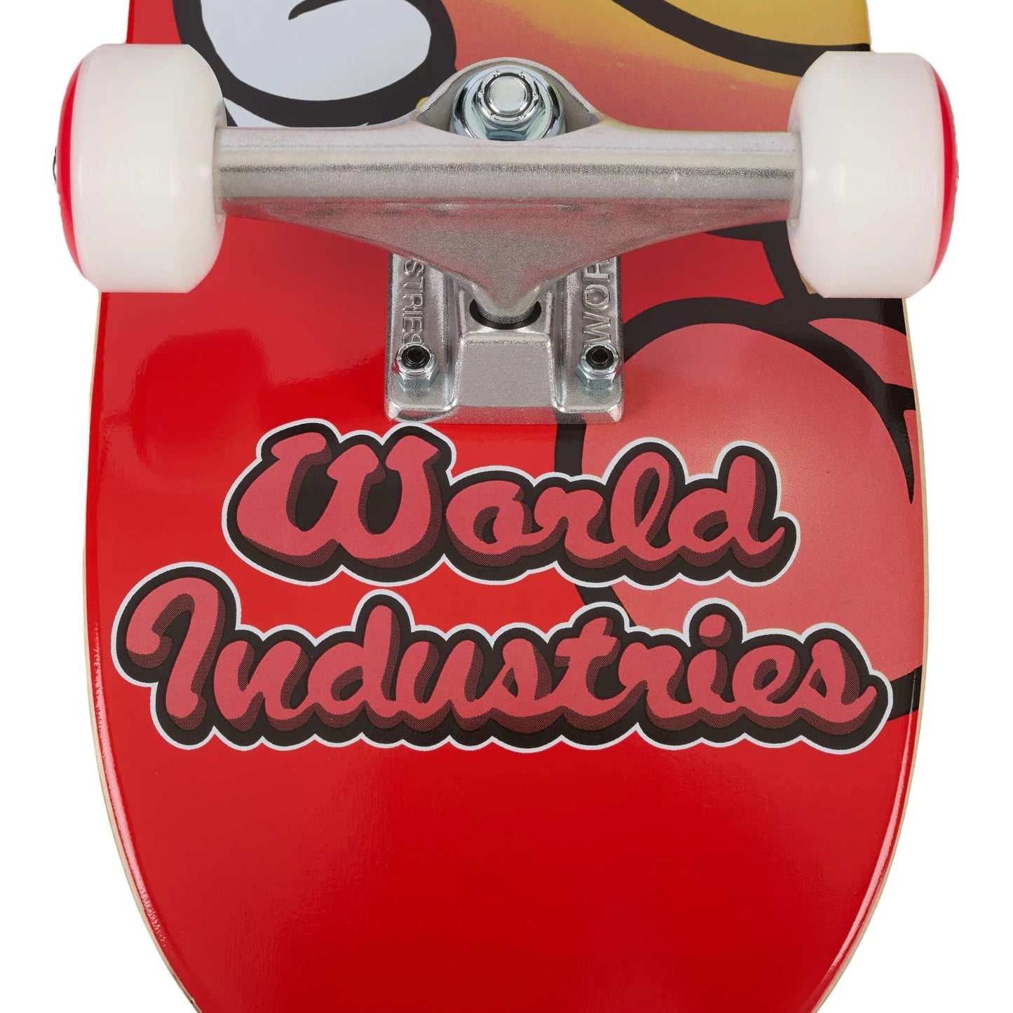 Red skateboard deck with 'World Industries' logo and cartoon character on a white background