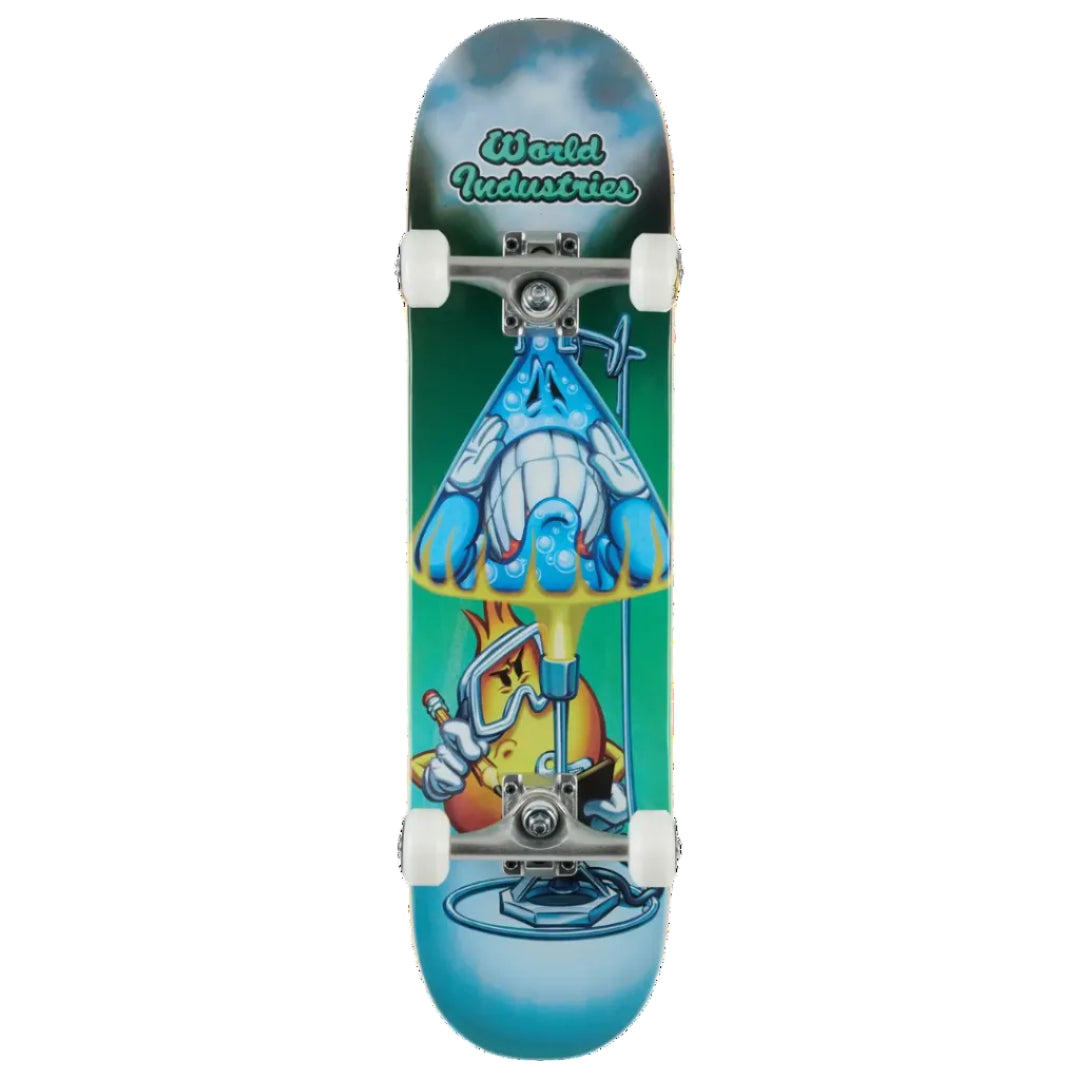 A skateboard deck featuring a colorful graphic illustration of a blue robotic hand holding a yellow tool, set against a green and blue gradient background with the text 'World Industries' on the top.