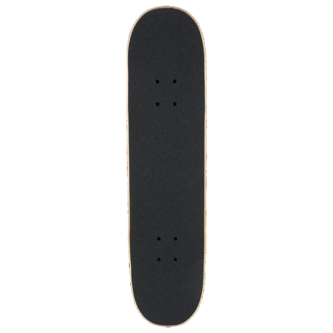 A skateboard deck viewed from directly above, featuring a black grip tape surface with visible four corner stickers and four sets of four screw holes, set against a plain white background.