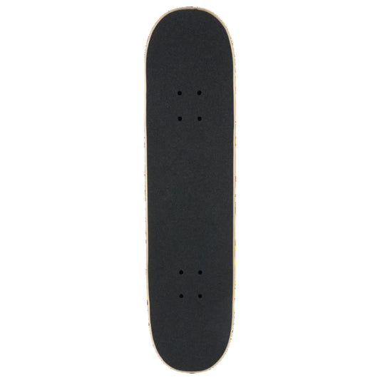 A skateboard deck viewed from directly above, featuring a black grip tape surface with visible four corner stickers and four sets of four screw holes, set against a plain white background.