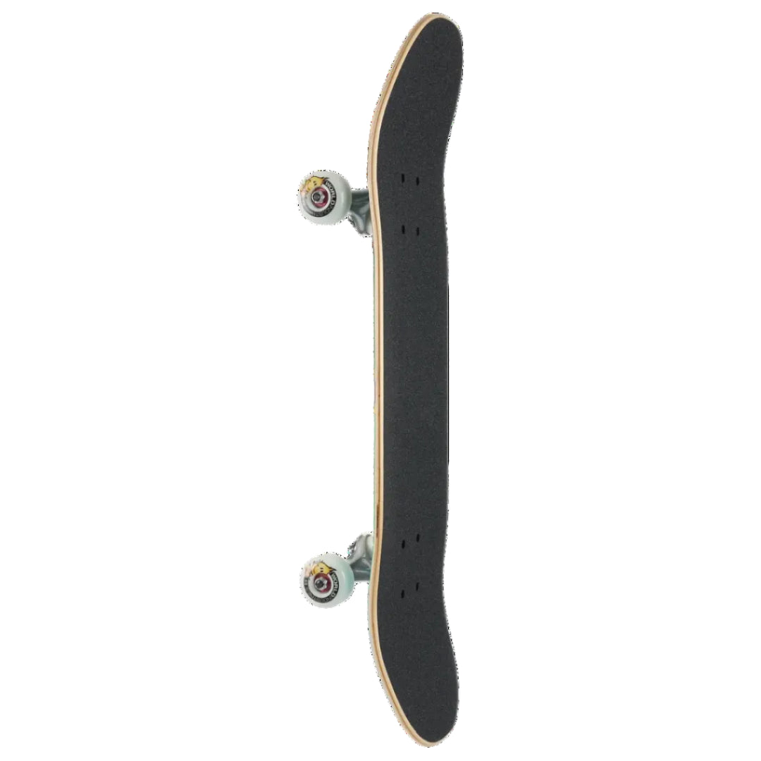 A skateboard shown vertically from the side against a plain white background, featuring a black griped deck with a natural wood edge, silver trucks, and white wheels.