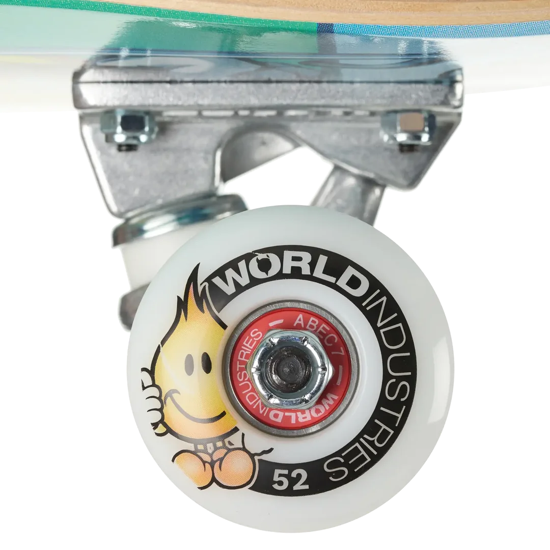 Close-up of a skateboard wheel and truck assembly on a white background. The wheel is white with a black and red 'WORLD INDUSTRIES' logo, a red center ring reading 'ABEC-7', and a yellow cartoon character.