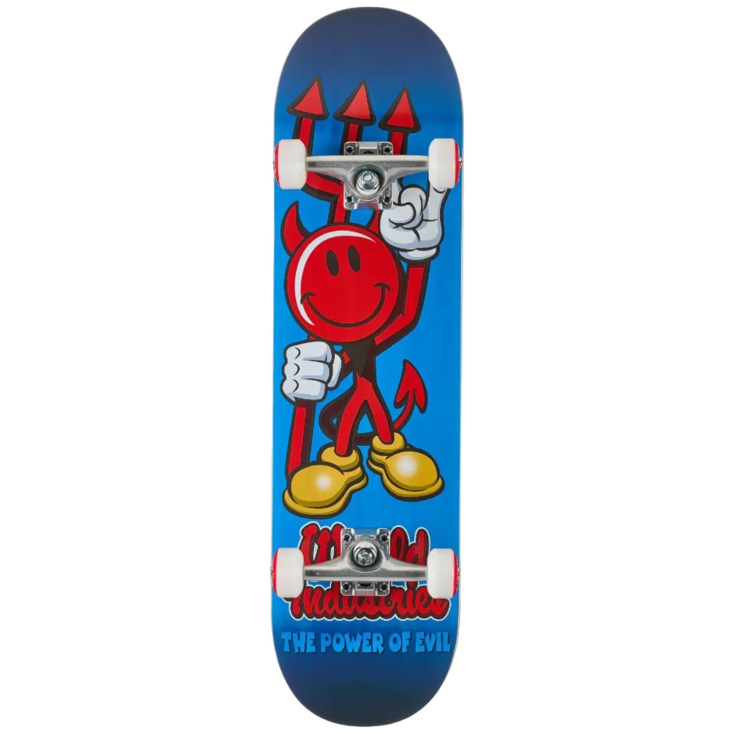 Skateboard deck with a red devil character design on a blue background