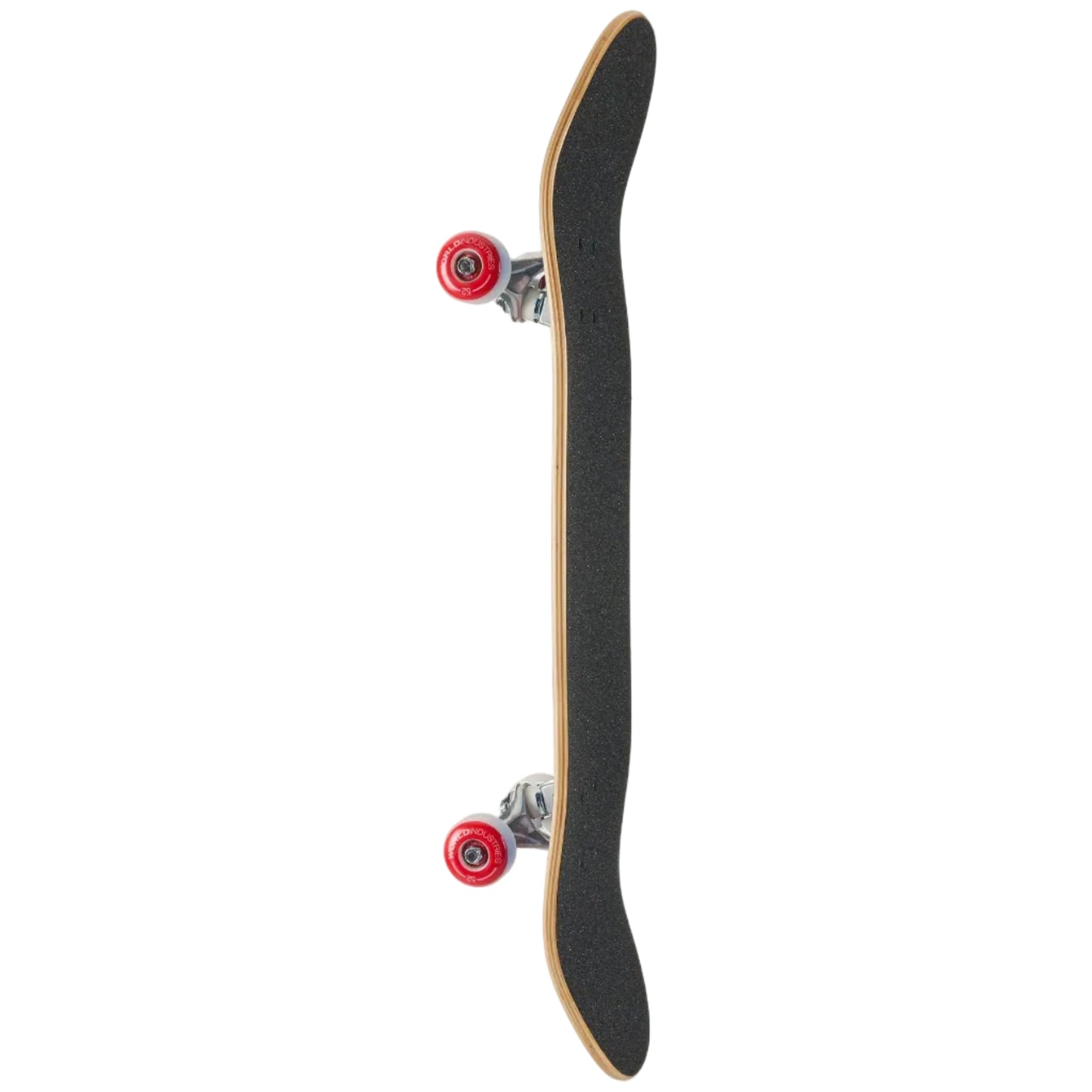 Skateboard with black deck and red wheels on a white background