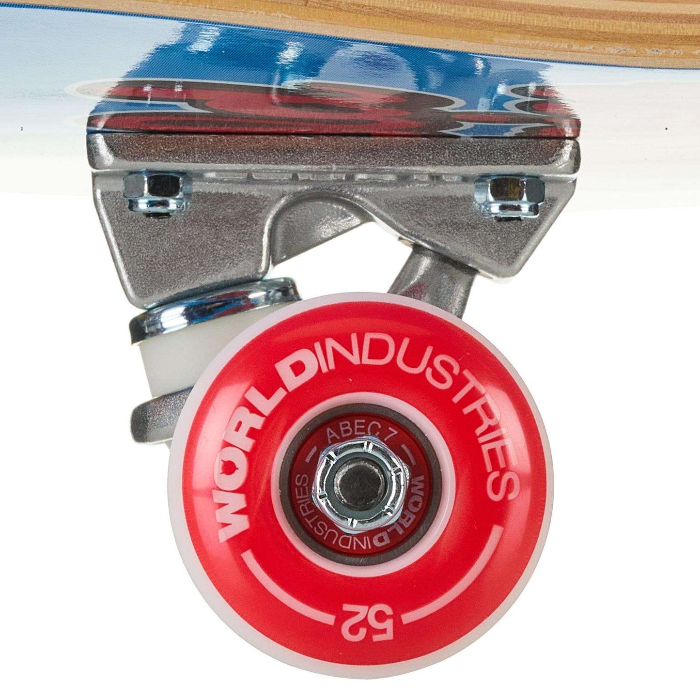 Close-up of a skateboard with a red 'World Industries' wheel on a white background