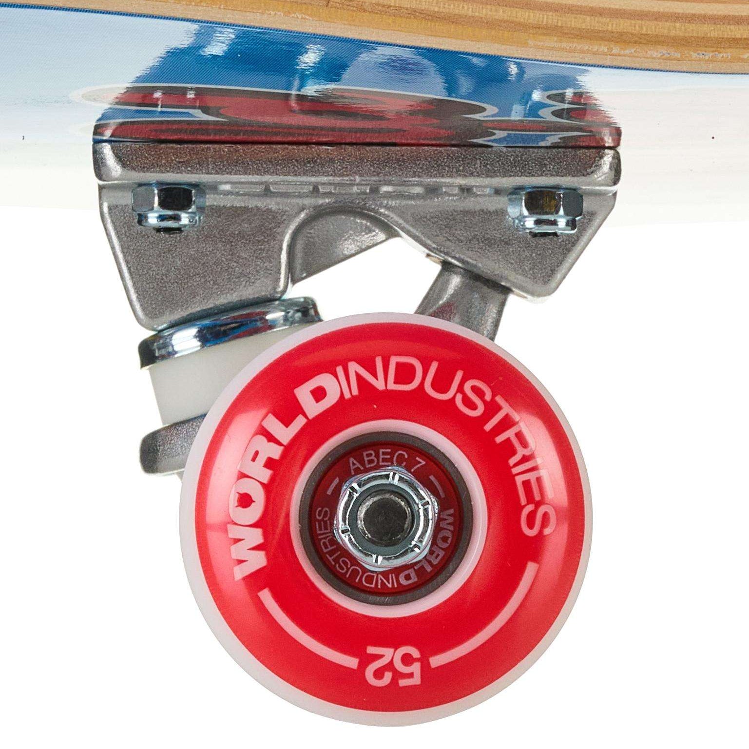 Close-up of a skateboard with a red 'World Industries' wheel on a white background