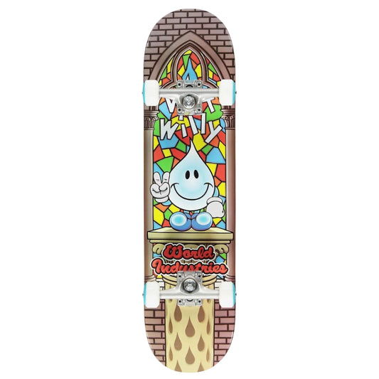 Skateboard deck with colorful design and text on a white background