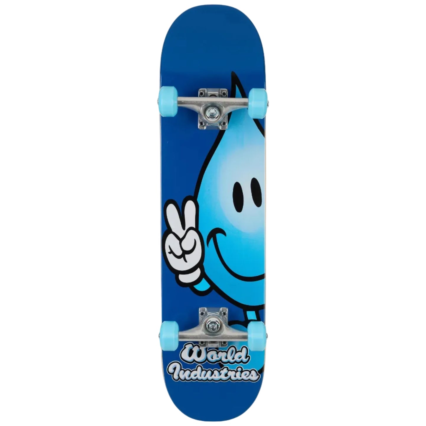 Blue skateboard with a cartoon character design on a white background