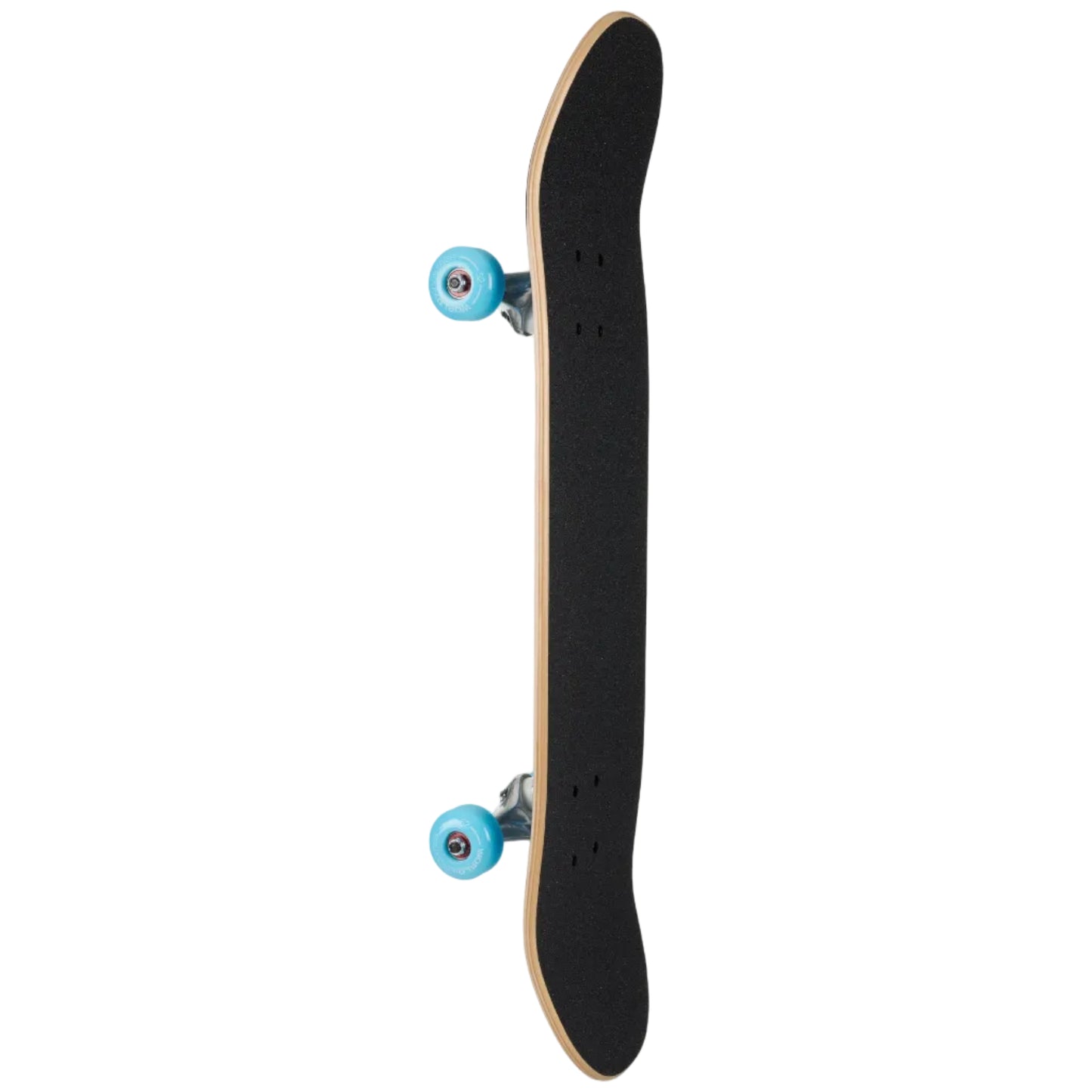 Skateboard with black deck and blue wheels on a white background