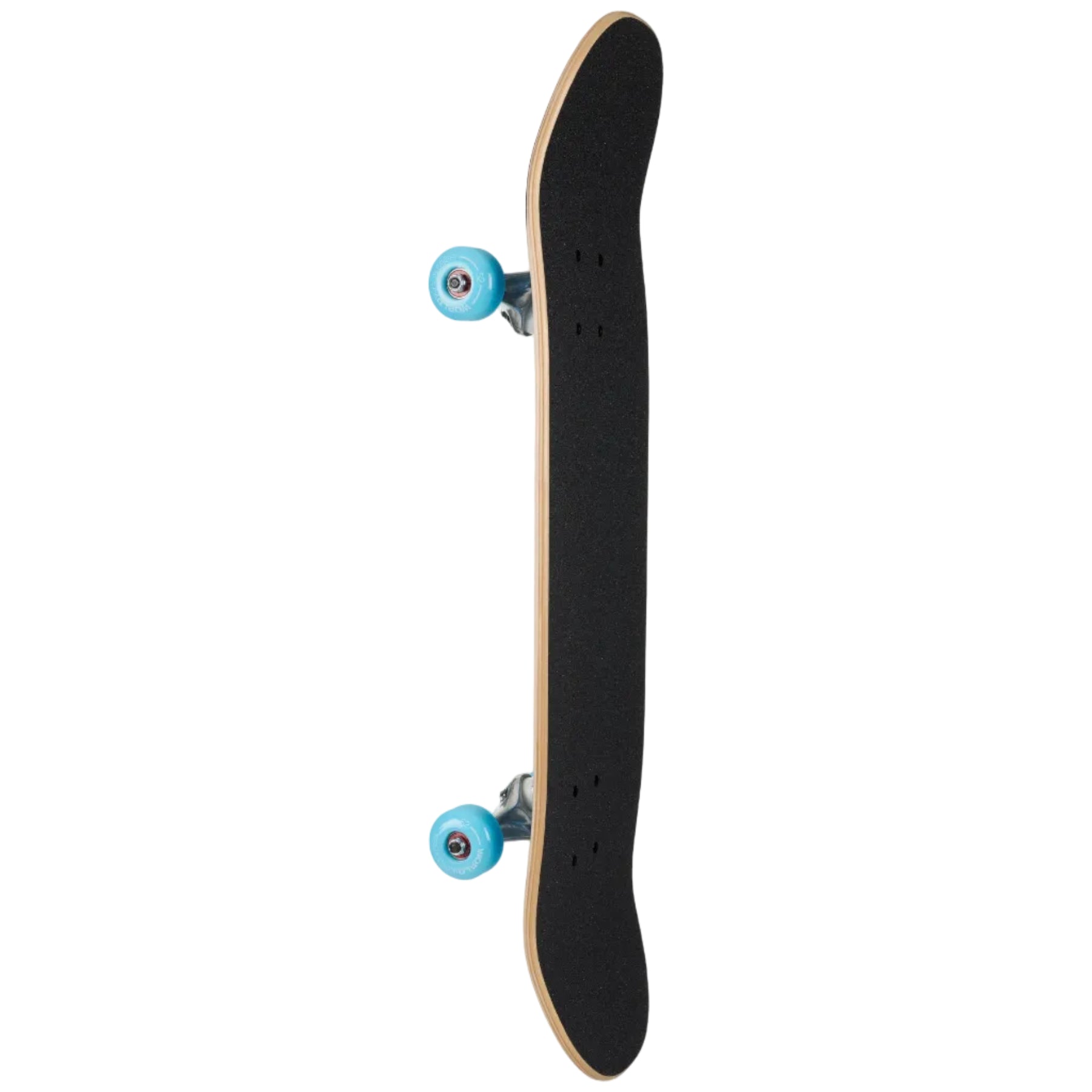 Skateboard with black deck and blue wheels on a white background