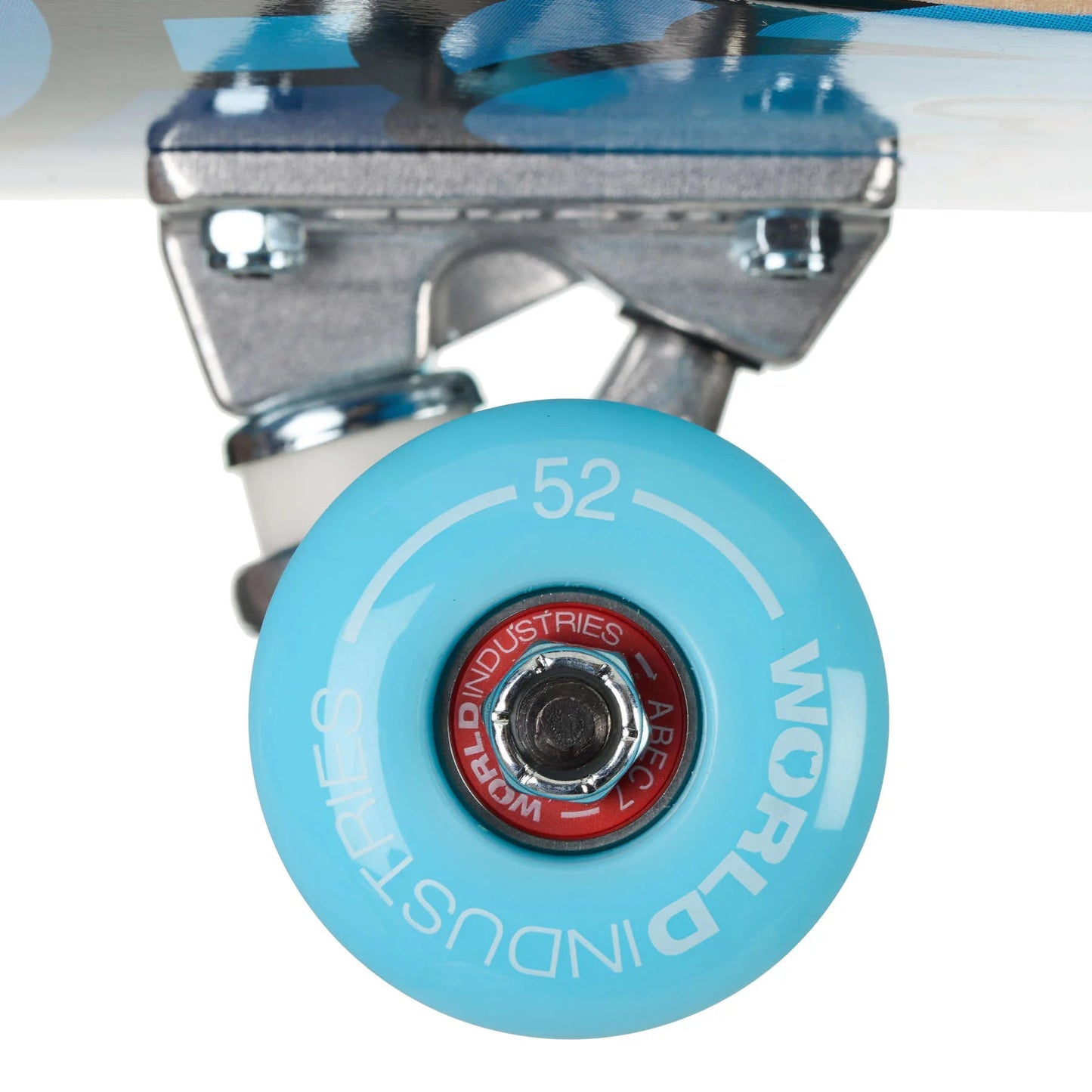 Close-up of a skateboard wheel with a visible brand logo on a white background
