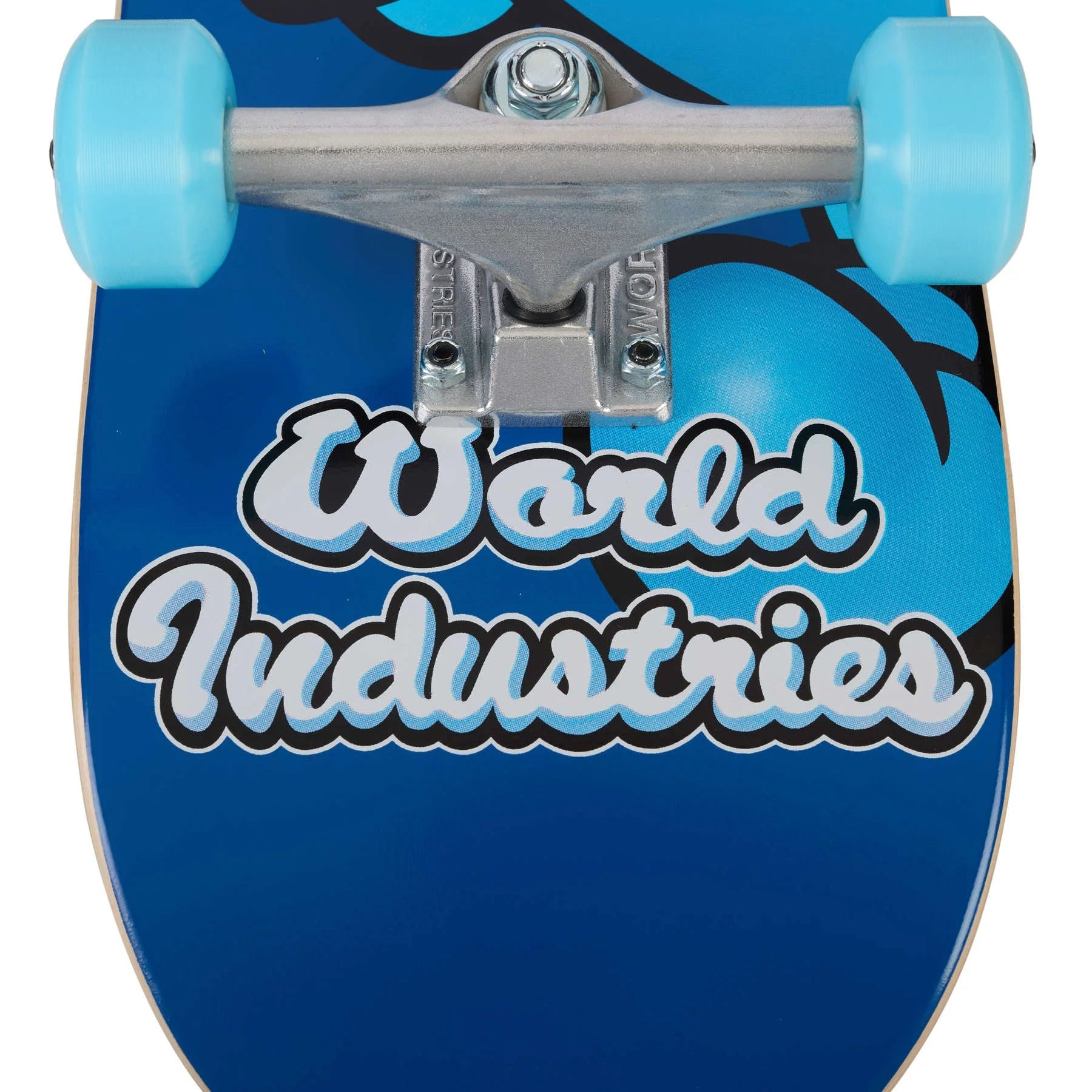 Blue skateboard with 'World Industries' branding on a white background