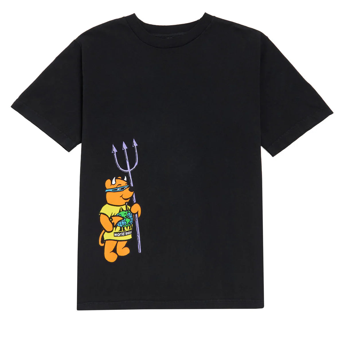 Black t-shirt with a cartoon character holding a trident on a white background