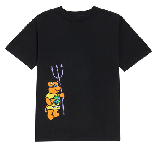 Black t-shirt with a cartoon character holding a trident on a white background