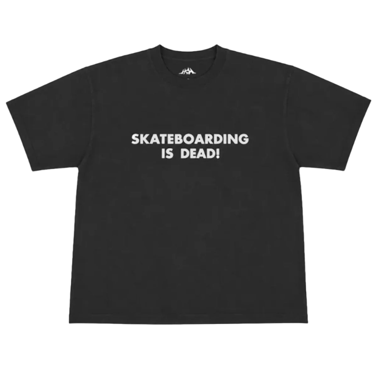 A black short-sleeve crewneck t-shirt with the text 'SKATEBOARDING IS DEAD!' printed in white capital letters across the chest, displayed flat against a light gray background.