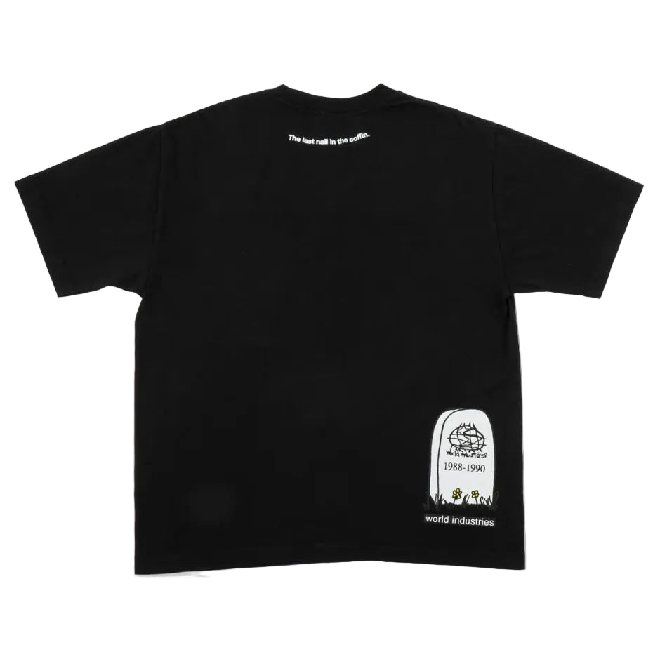 Black short-sleeve t-shirt shown from the back, featuring a white tombstone graphic with '1988-1990' and 'world industries' near the lower right hem, plus small white text near the upper back neckline.