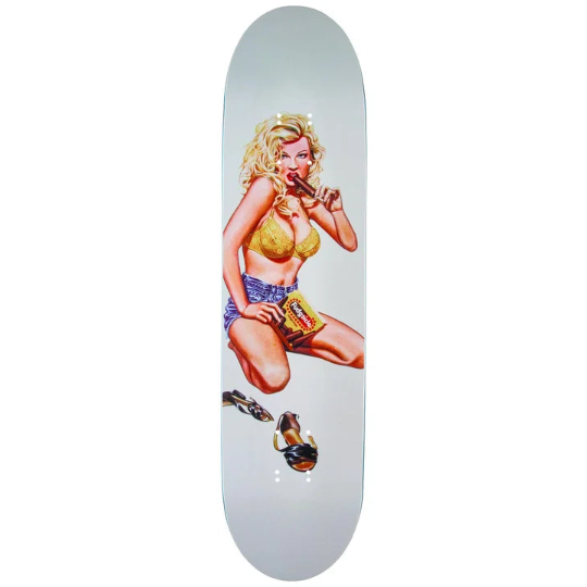 Skateboard deck with a vintage-style graphic of a woman in a yellow bikini and sunglasses on a white background.