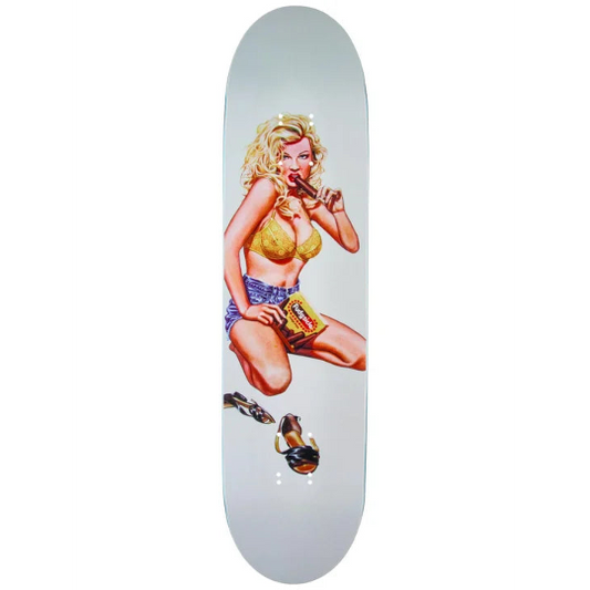 Skateboard deck with a vintage-style graphic of a woman in a yellow bikini and sunglasses on a white background.