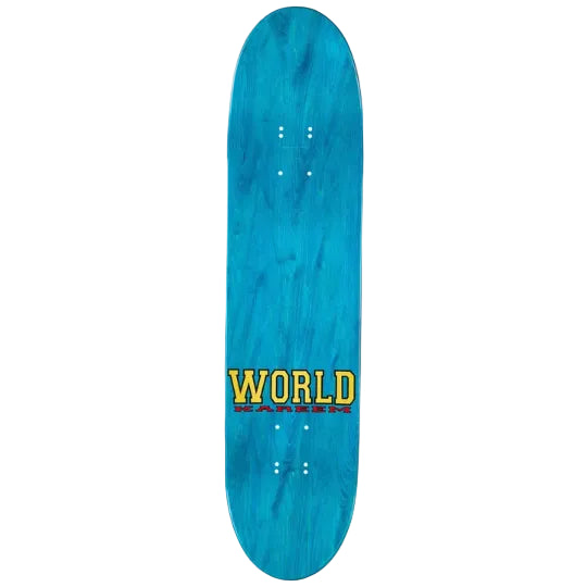 Blue skateboard deck with 'World Maker' text on a white background