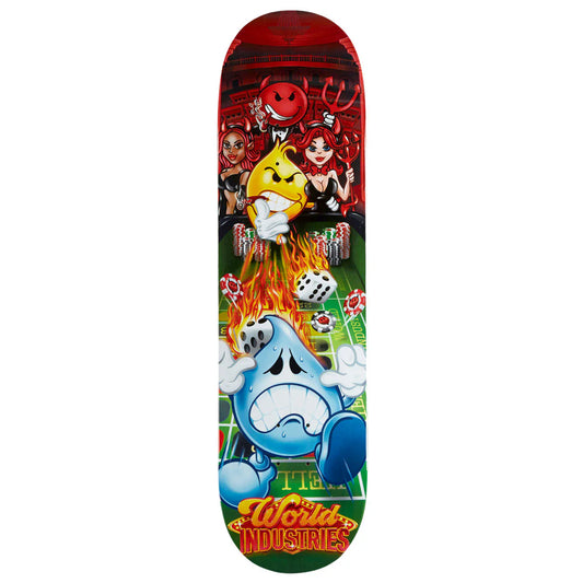 Colorful skateboard deck with cartoon characters and 'World Industries' branding on a white background