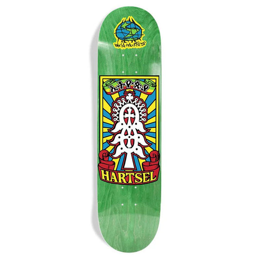 Skateboard deck with colorful design and 'Hartsel' branding on a green background